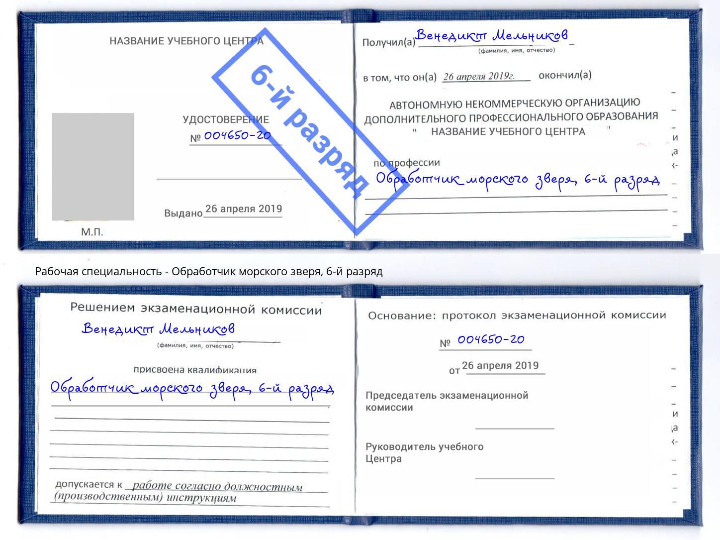 корочка 6-й разряд Обработчик морского зверя Хабаровск