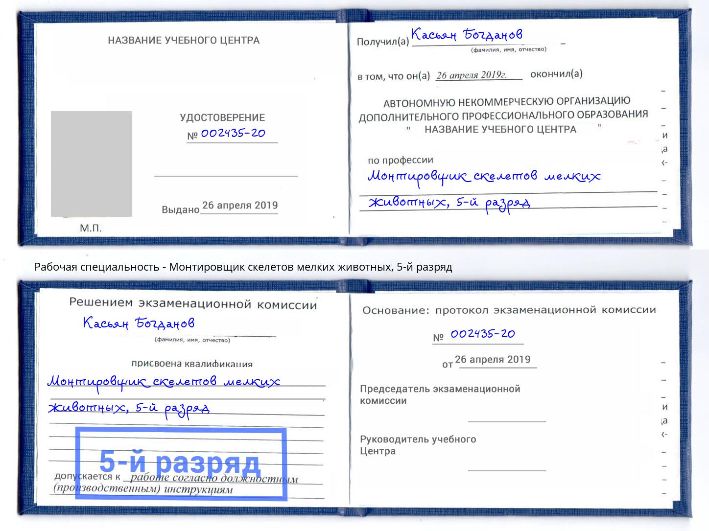 корочка 5-й разряд Монтировщик скелетов мелких животных Хабаровск