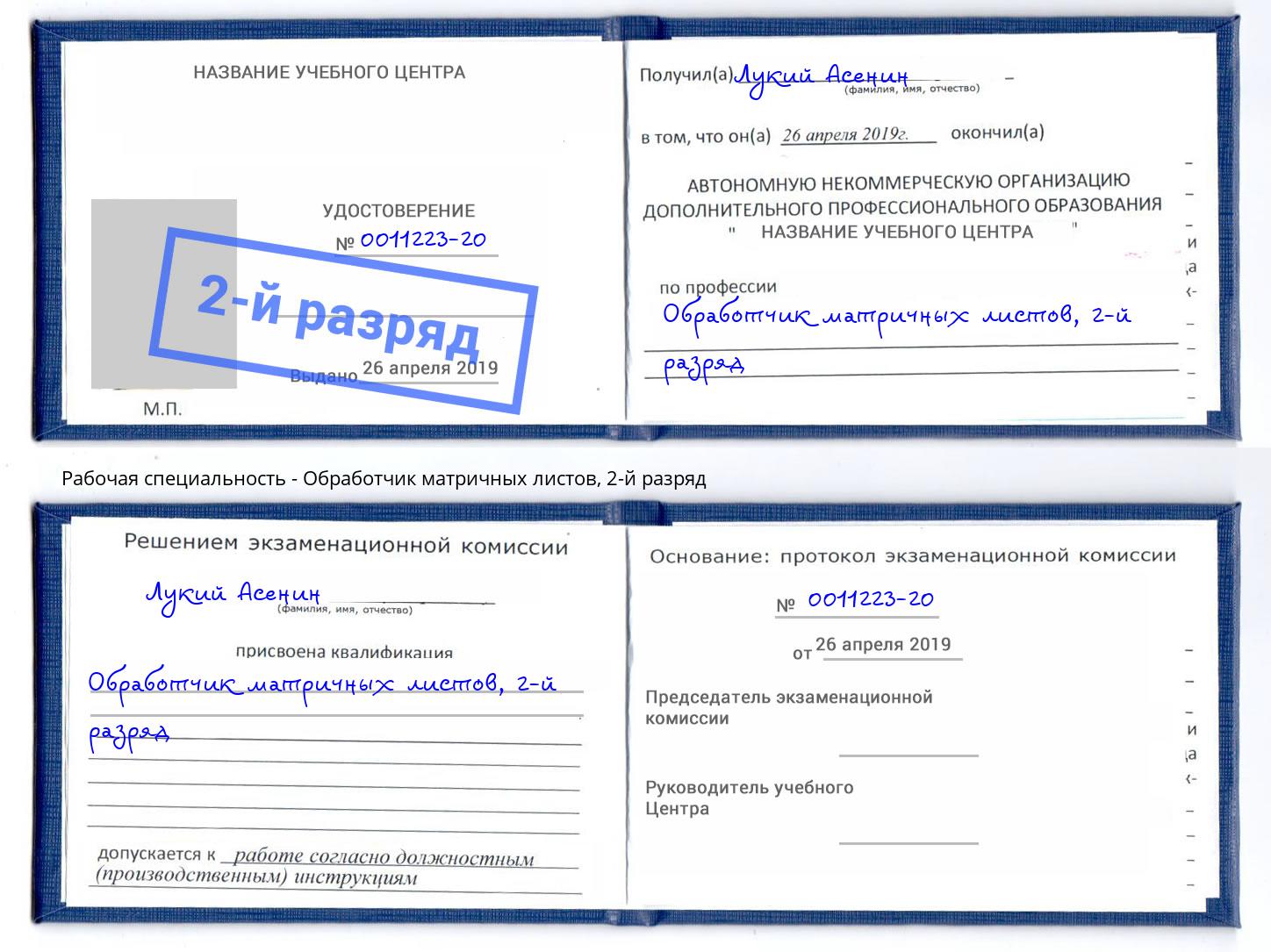 корочка 2-й разряд Обработчик матричных листов Хабаровск